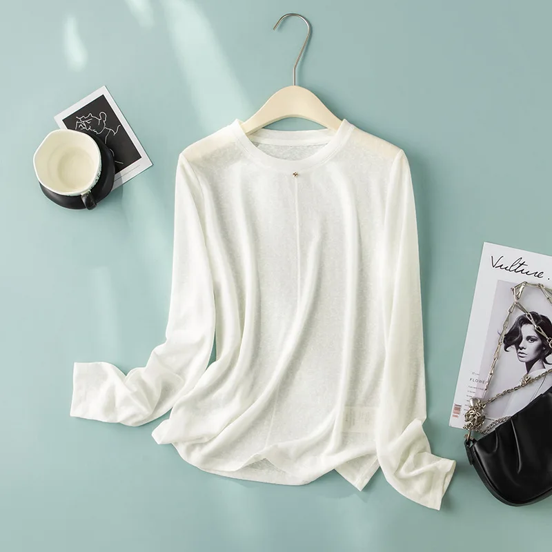 Light Weight T Shirt Ramie Blend Long Sleeve Spring Summer Tops With Horse Applique