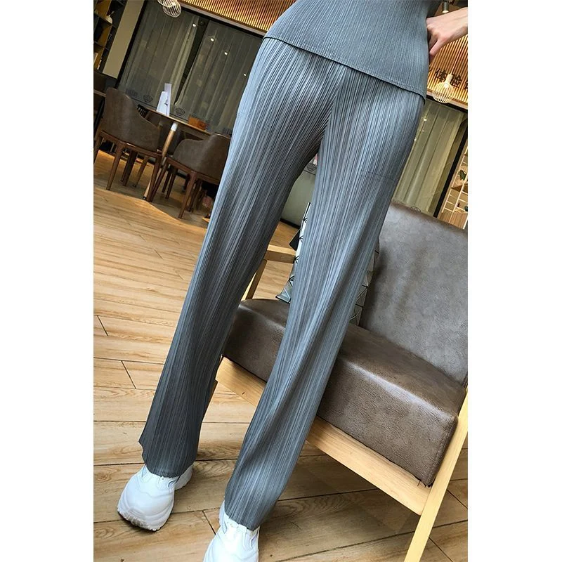 Business Casual Pleated Straight Leg Pants Women's All-Match Commute Elastic Waist Long Trousers Polyester Fiber 2025 Spring