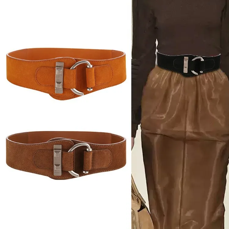 Western Split Leather Suede Wide Waist Belt Elastic Dress Coat Women Cummerbund