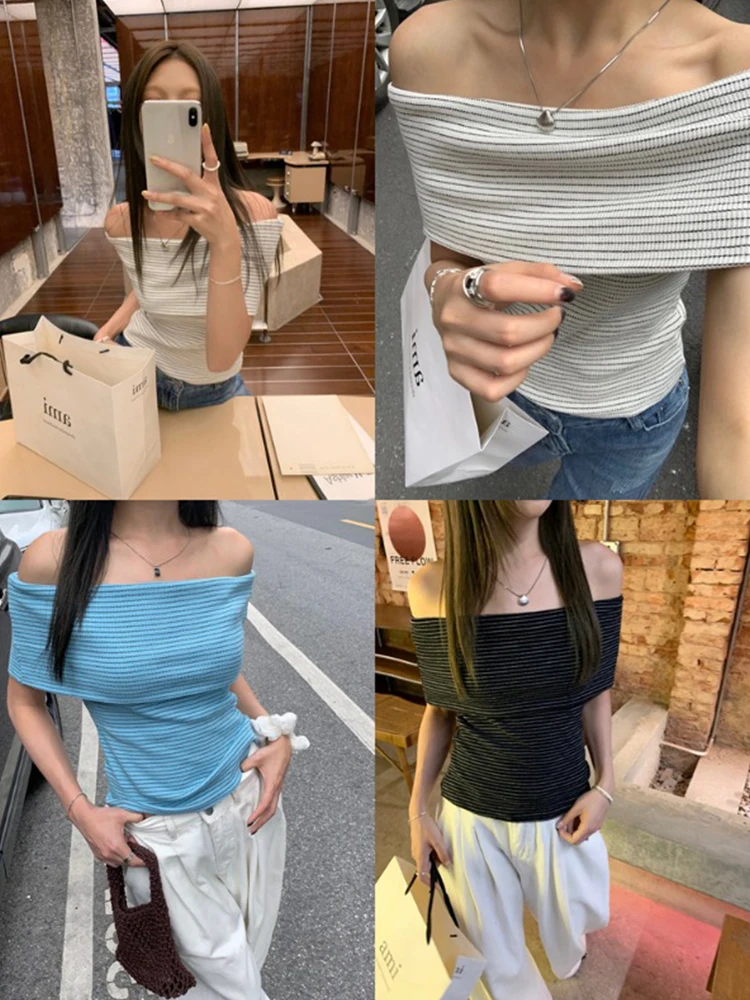 Summer Fashion Stripe Knit T-shirt Women Sexy Off Shoulder Short Sleeve Slim Top Korean Style Casual T-shirts