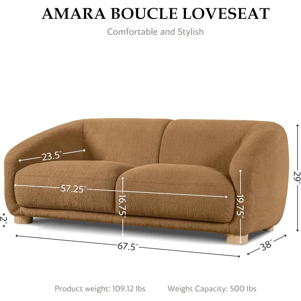 Amara Modern Boucle Loveseat with Sloped Arms and High Density Foam, Wooden Comfortable Couch for Living Room, Office, Studio