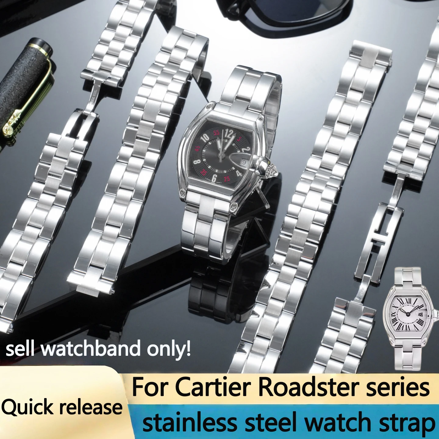 Quick Release metal Watchband For Cartier Roadster Series W6206017 Solid Stainless Steel Folding Buckle Strap Men Bracelet 19mm