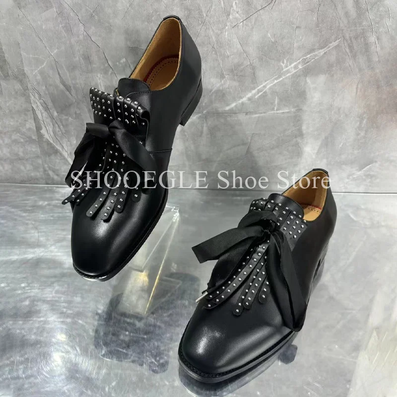 Black Bowknot Tassels Cow Leather Shoes Men Loafers Formal Flat Small Square Toe Summer Wedding Business Office Commuter Shoes