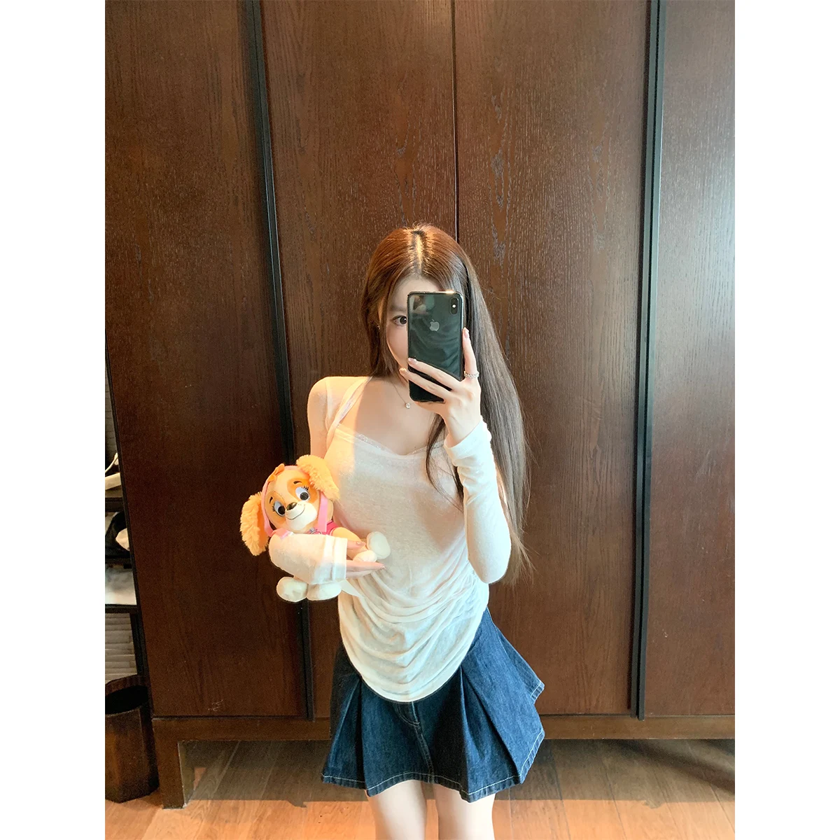 

Panda Jingjing Series Pure Desire White Rabbit Snowflake Cotton Lace Side Pleat T Casual Sle Long Sve oulder Baring Top