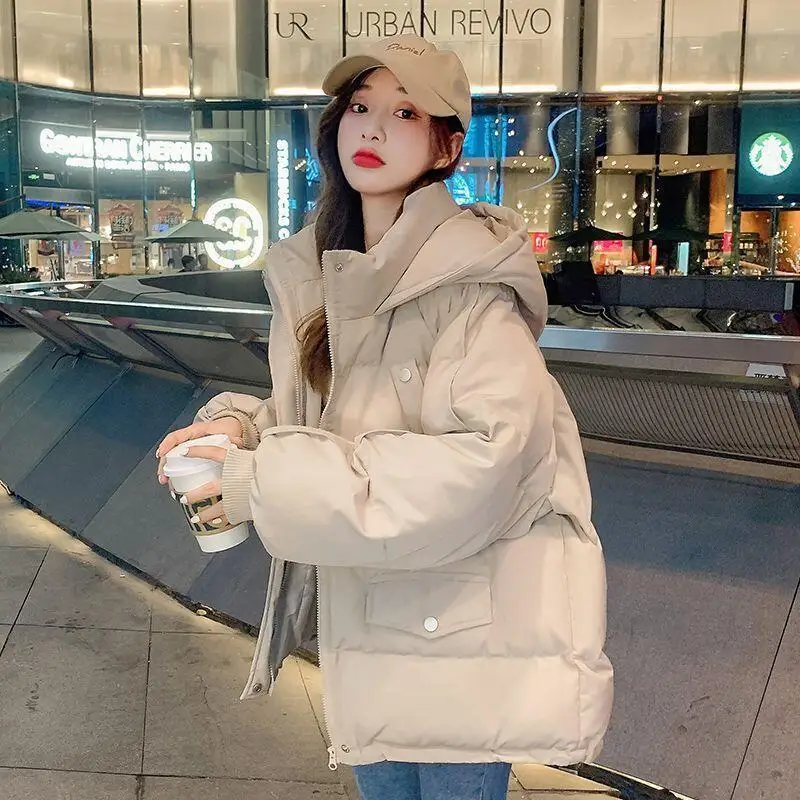

Пуховая хлопковая стеганая куртка, пальто для девочек, студенческая утепленная корейская версия, осенне-зимняя женская свободная куртка-пуховик с капюшоном, короткий топ