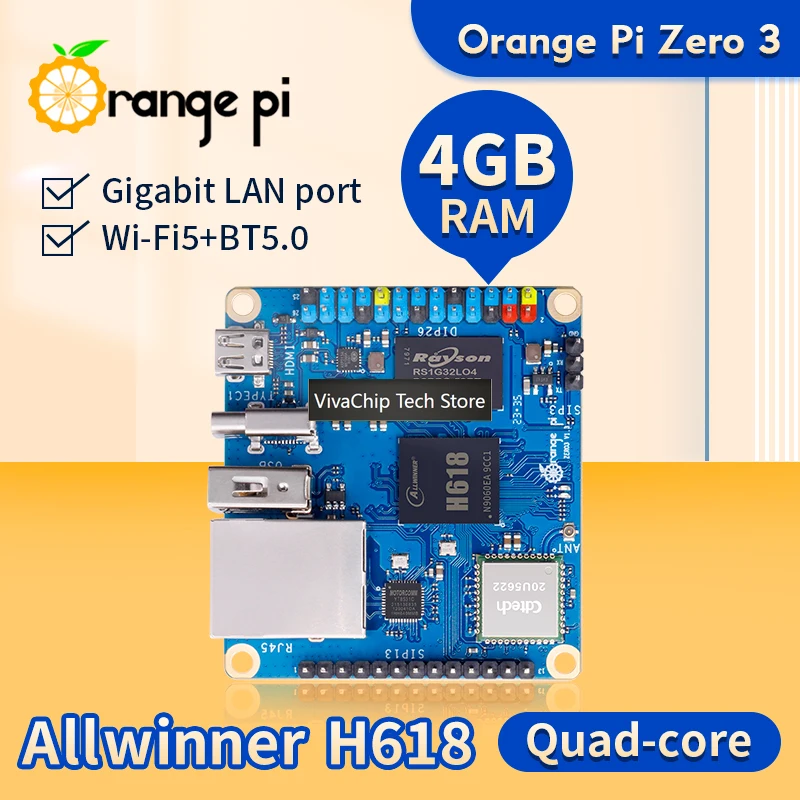 VivaChip TechOrange Pi Zero 3 4GB Ram Single Board Computer Allwinner H618 Chip Wifi-BT5.0 LPDDR4 Gigabit Orange Pi Zero3 Develo