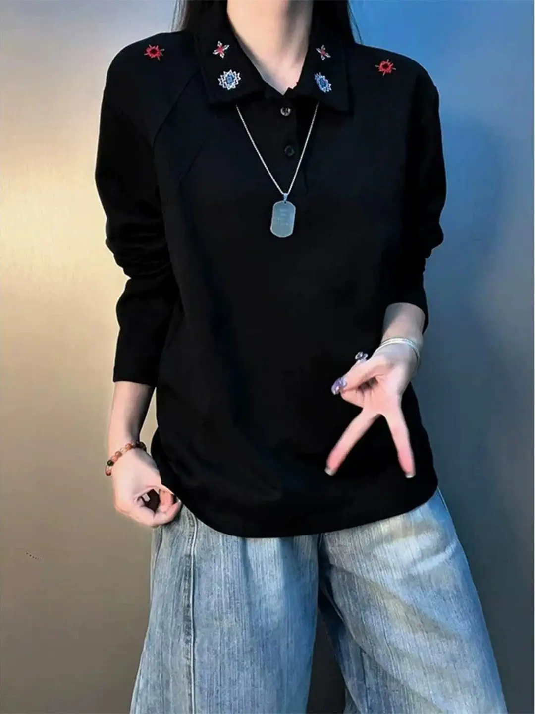 Black Splice Embroidered  Collar Long Sleeve T-Shirt Cleanfit Heavyweight Shoulder Sweatshirt Unisex Casual Style Autumn ...