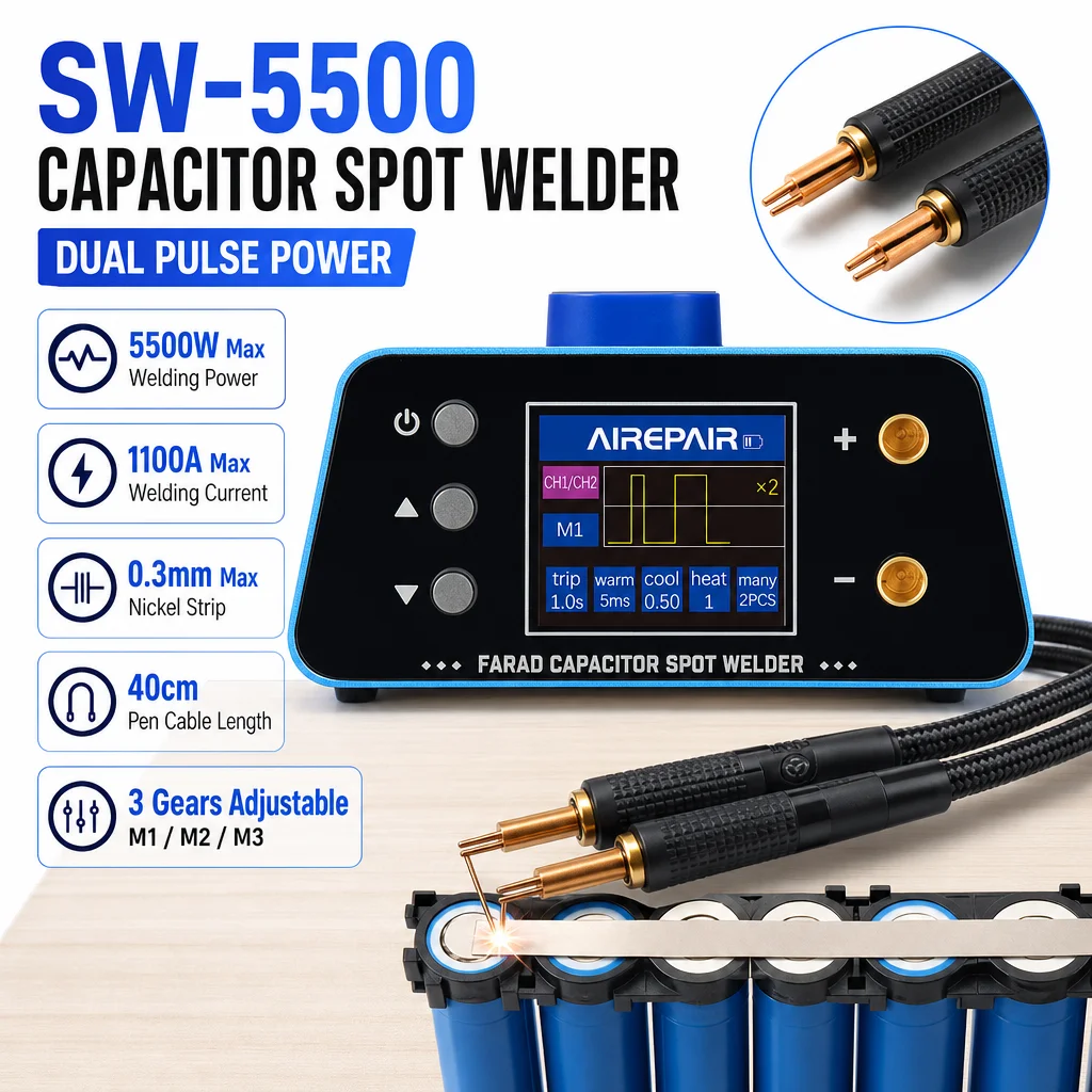 SW-5500 Spot Welder Double Pulse 5500W Max 1100A Max 3 Modes Mini Welding Machine For Nickel Strip Lithium Battery DIY Repair