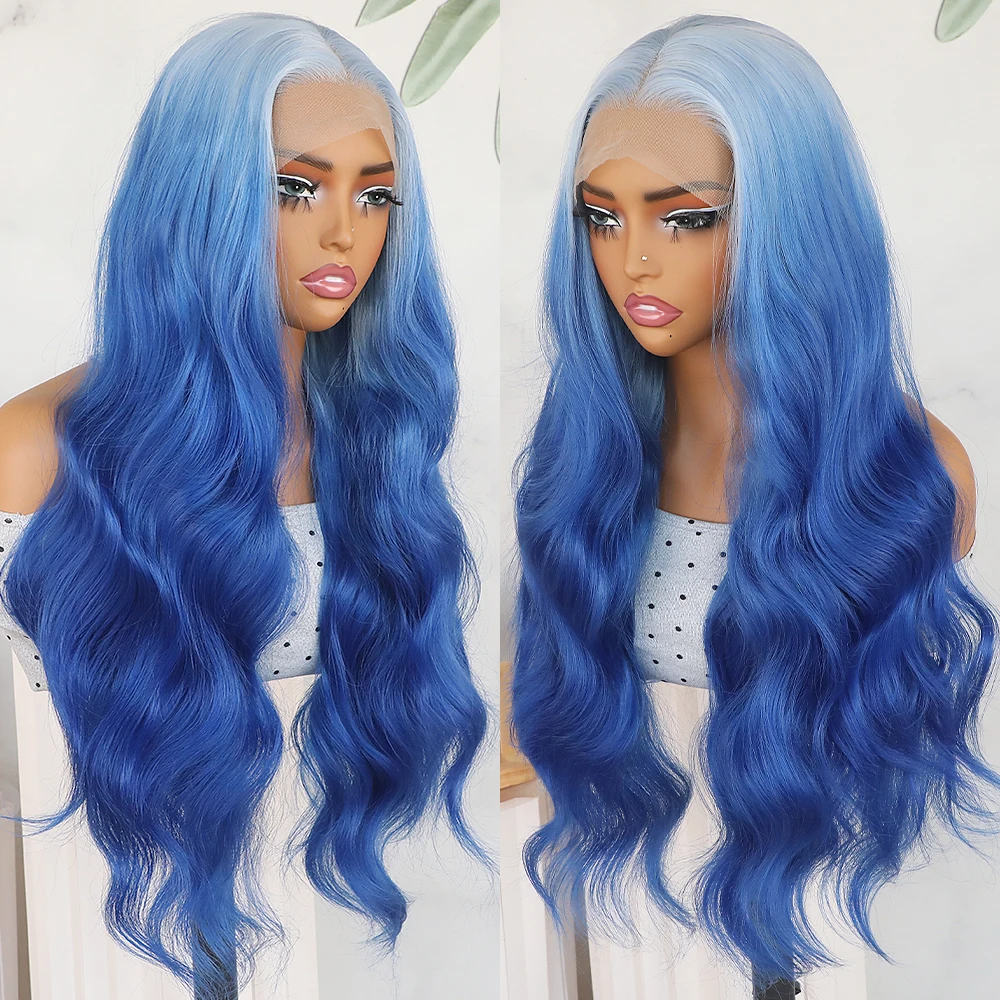 

Синтетический парик с кружевной передней частью, светлые корни, омбре, синие волосы, волнистые, с предварительно выщипанной натуральной линией роста волос, длинные волнистые волосы, парик для замещения волос