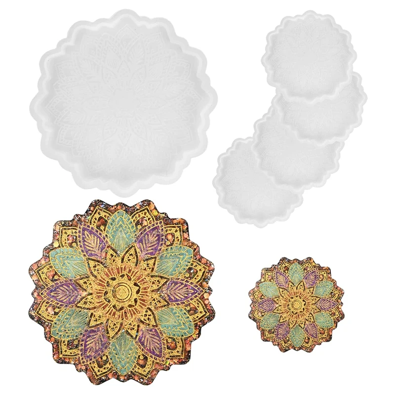 5 Pcs Mandala Coaster Resin Molds,Tray Molds For Resin,Coaster Epoxy Resin Silicone Mold For Making Resin Craft