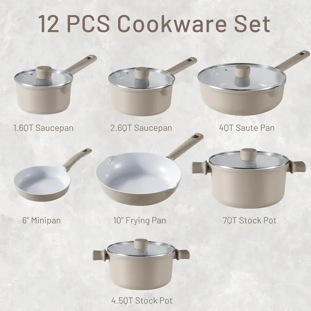 Ceramic Cookware Set 12 Piece, Healthy & PFOA/PFAS Free, Nonstick Pots and Pans Set, Induction-Compatible, Taupe