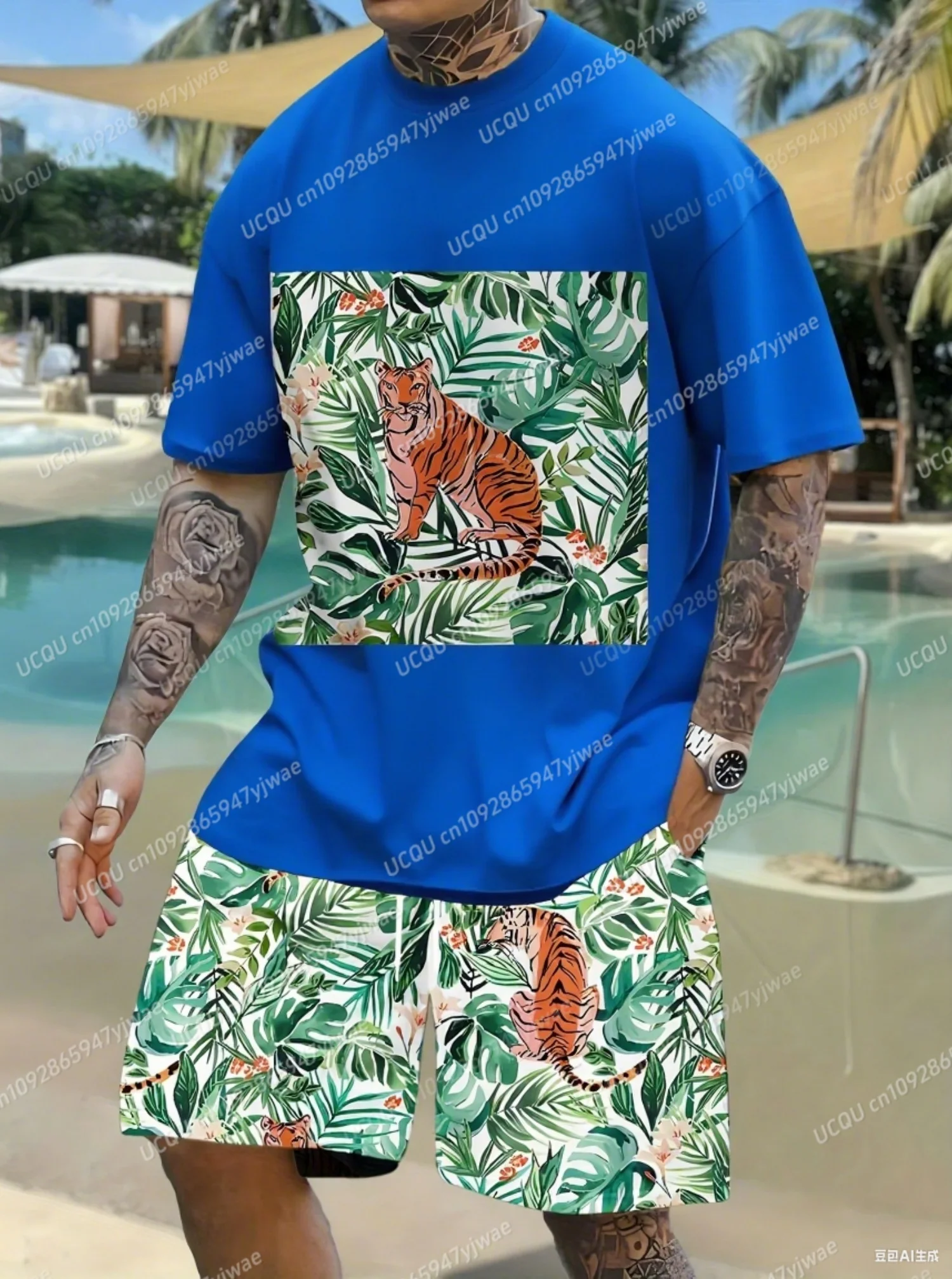 

2025 зеленые листья с тигровым принтом, мужская повседневная футболка с короткими рукавами и шортами, комплект для взрослых, баскетбол, бег, комплект из 2 предметов, мужская одежда