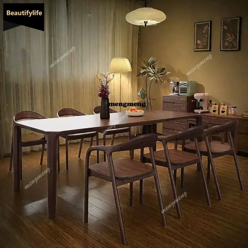 

North American walnut solid wood dining table rectangular mortise and tenon tea table household light luxury simple log D80
