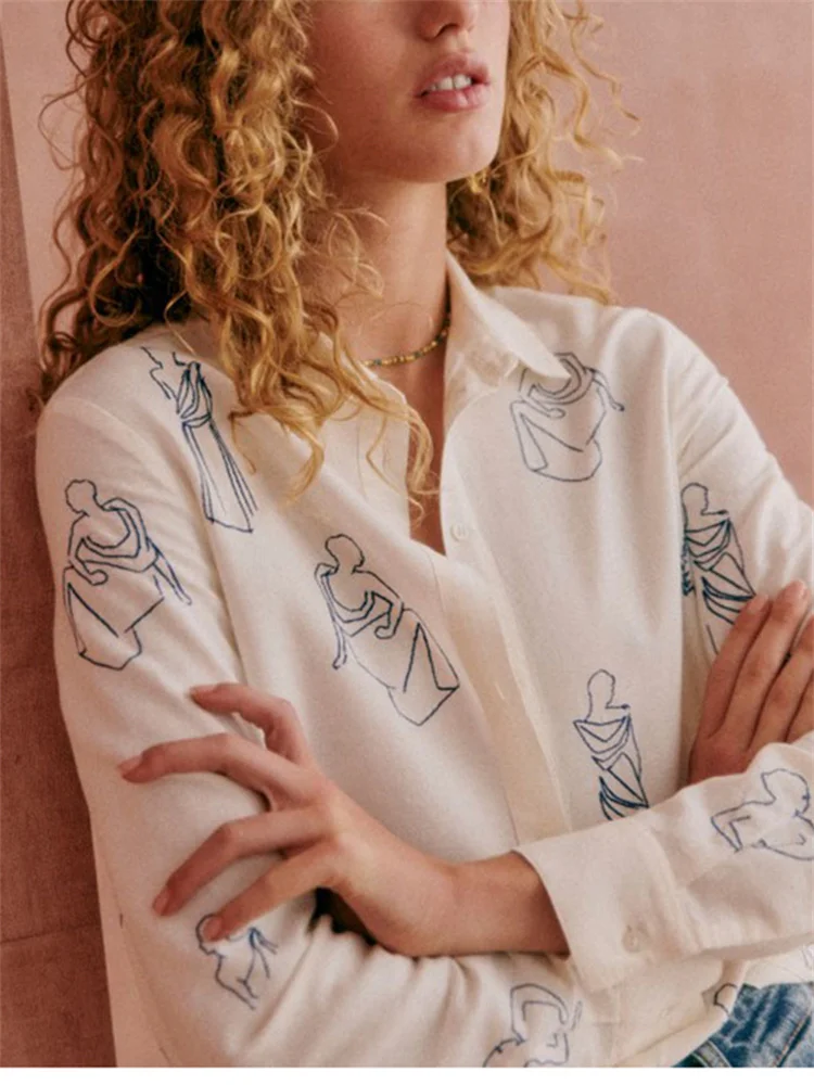 

White Blouse Women Characters Embroidery Casual Single Breasted Tops Ladies Turn Down Collar Shirt Summer 2024 New