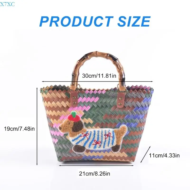 X7XC Stylish Women's Woven Bag With Dachshund Print And Retro Stripe Casual Shopping Bags Handbag for Various Occasion