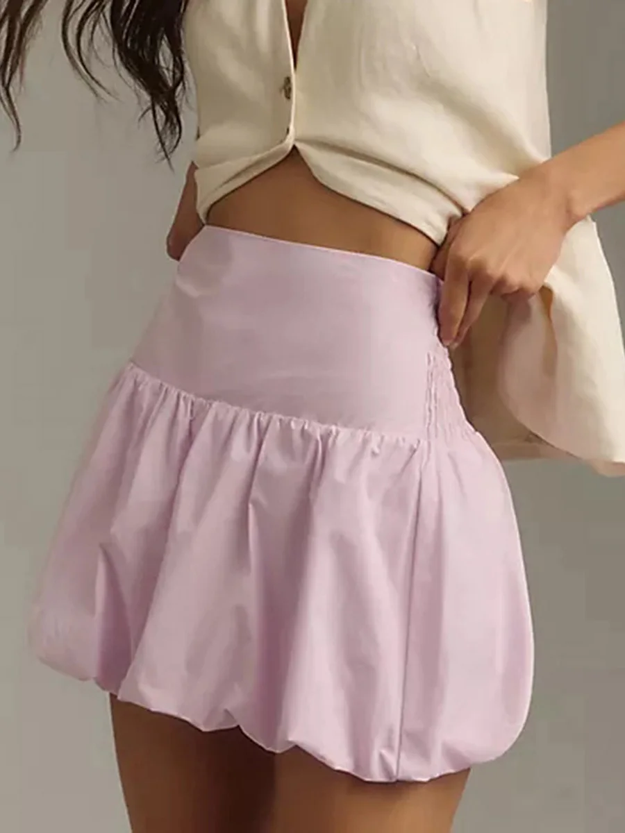 Women s Mini Bubble Skirt Back Shirred Elastic Waist A-Line Puffball Skirt for Party Club