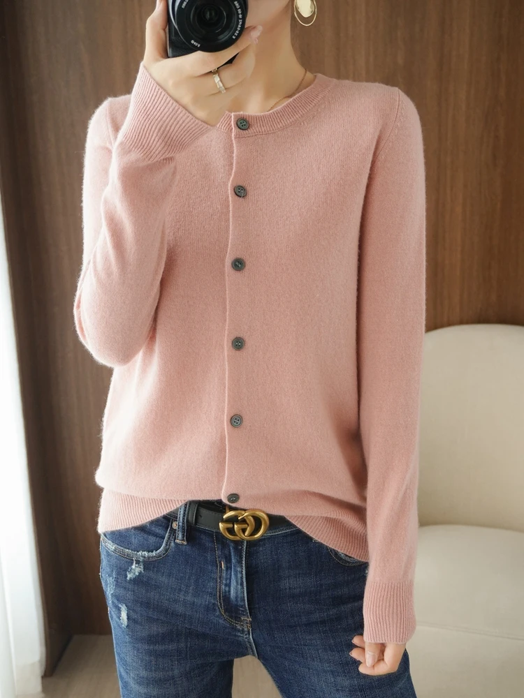 New Women O-neck Cardigan Spring Autumn Long Sleeve Cashmere Sweater 100% Merino Wool Knitwear Soft Comfort Clothing Tops