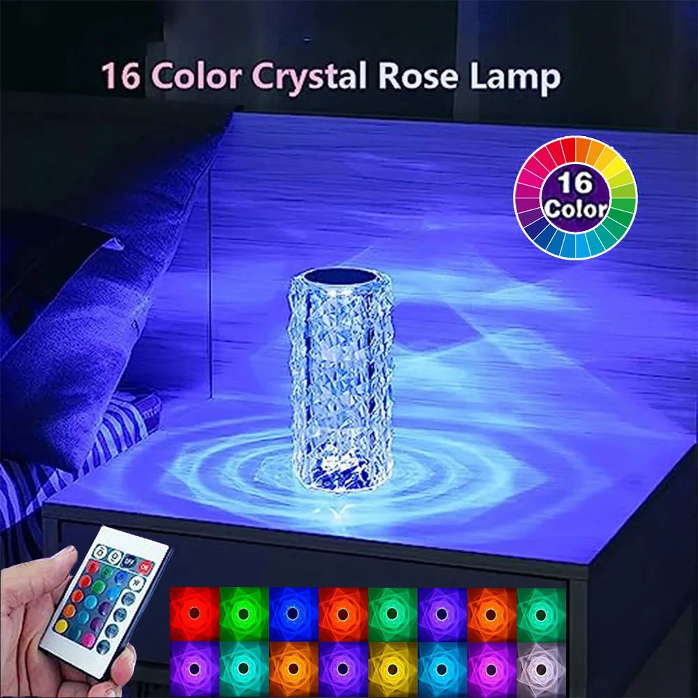 

Crystal Rose Lamp Rechargeable 16 Color RGB Night Light For Bedroom Decor Touch Remote Control Dimmable Portable Atmosphere Lamp