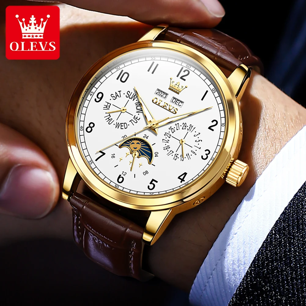 ساعات OLEVS للرجال كاجوال عصرية أصلية ساعة يد ميكانيكية أوتوماتيكية بتقويم كامل مقاومة للماء ومرحلة القمر المضيئة الجديدة #3