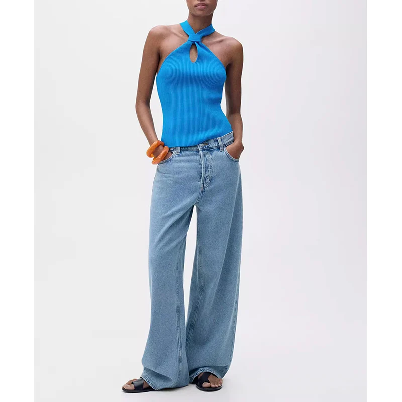 تصميم نسائي صيفي جديد بسيط متعدد الاستخدامات Ne معلق Svel ort Top تصميم أصلي غير متماثل بقصة ضيقة من ألياف البوليستر #3