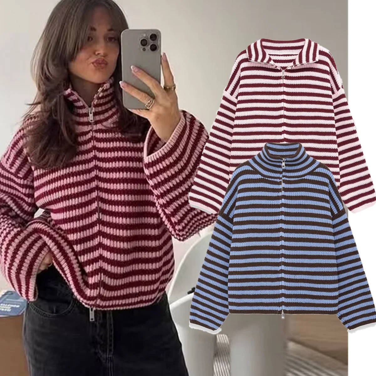 

Jenny&Dave Fashion Girls Vintage Loose Striped Zippers Pullover Tops Women's Sweater Knitwear Woman Clothing Woman Clothes
