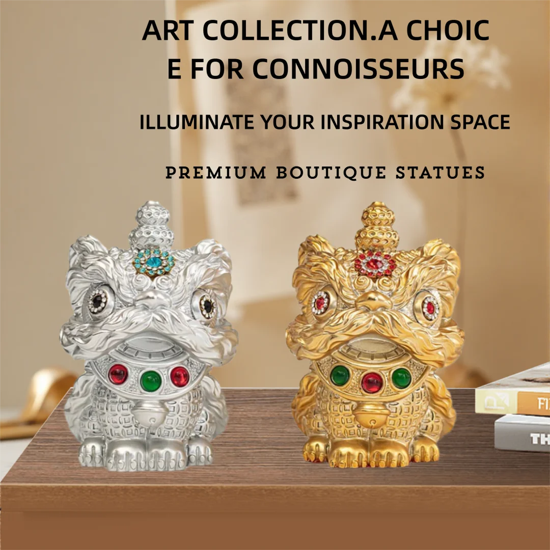 Chinese Lion Statue, Feng Shui Lucky Wealth Ornament for Home Office Desk Decor, Crystal Inlaid Guardian Beast, Oriental Gift