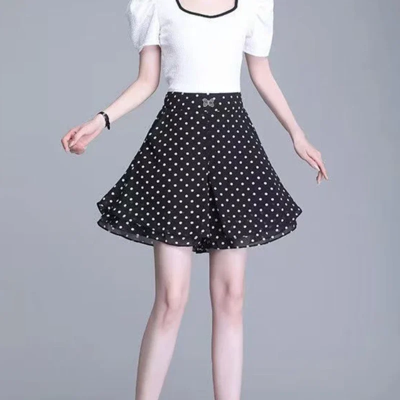 여성용 배기 스커트 팬츠 하이웨이스트 숏 쉬폰 블랙 루즈 큐롯 팬츠 야외 활동복 2000년대 스타일 Y2K 캐주얼