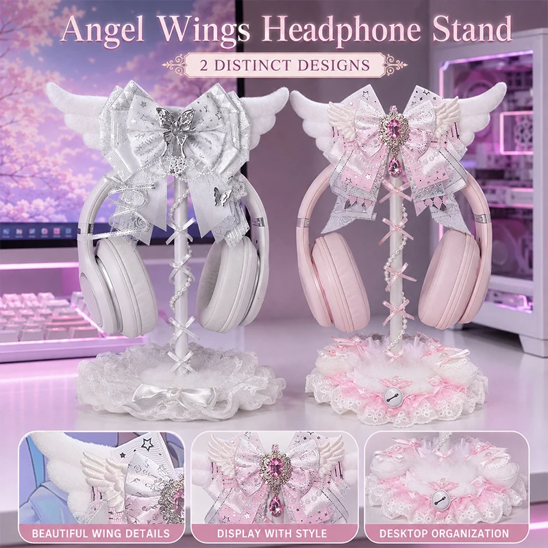 Cute Angel Wings Headphone Stand Pink/White Lace Bow Headset Storage Holder Kawaii Gaming Headset Display Office Desktop Decor