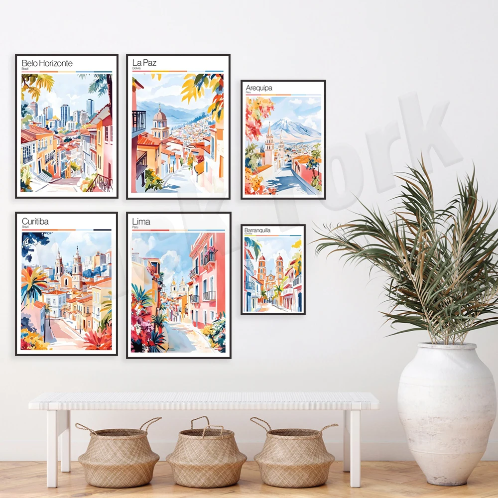 ملصقات السفر لـ Medellin، Manaus البرازيل، Curitiba، Bucaramanga، Belo Horizonte، Cochabamba، Bolivia، Caracas، Arequipa Peru
