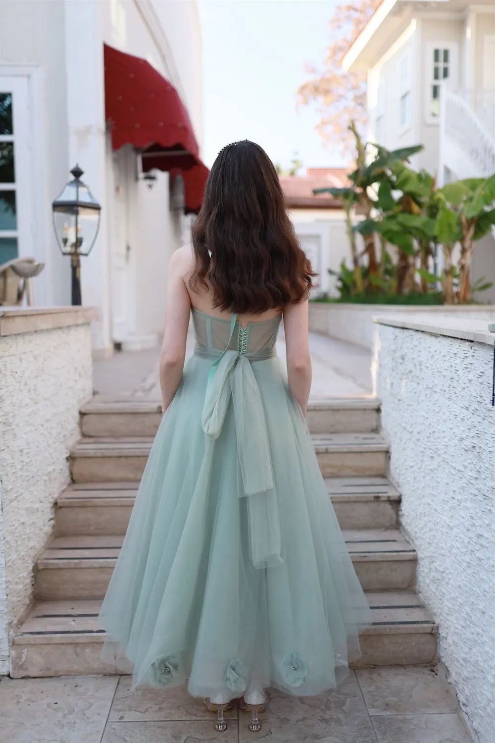 Mint Halter Flower Tea Length Tulle A Line Prom Dresses Custom Made 2024 Formal Bridal Growm Bridemaid Wear