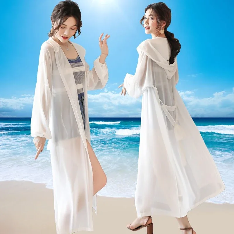 

Jackets Women Korean 5 Colors Long Style Hooded Sun-proof Fashion Thin Breathable Summer Baggy Elegant Casual Coat Beach Sheer