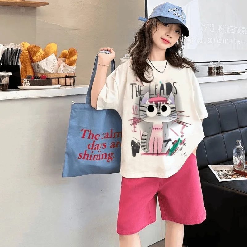 Summer 2026 Girls Clothes Sets Outfits Kids Baby Short Sleeves T-Shirt + Loose Shorts 2PCS Children Clothing Suits 8 10 12 14 Y