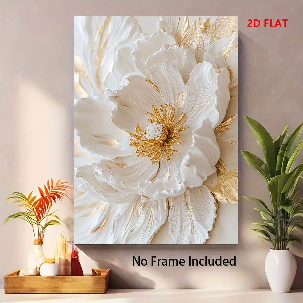 

2D Flat Modern Abstract Golden Flower Canvas Wall Art, Frameless Neutral & Minimalist Canvas Prints for Living Room Office Decor