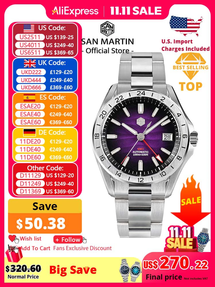 

San Martin 39mm Purple Desert Texture Dial Luxury Men Dress Watch NH34 GMT Automatic Mechanical Waterproof 100m Luminous SN0129