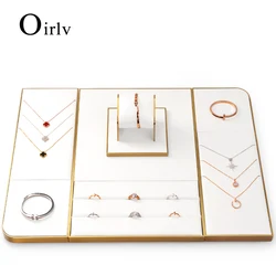 Oirlv soporte de exhibición de joyería con Base de Metal de cuero blanco, bandeja organizadora de joyería, soporte para anillo, reloj, pulsera, brazalete, collar, escaparate