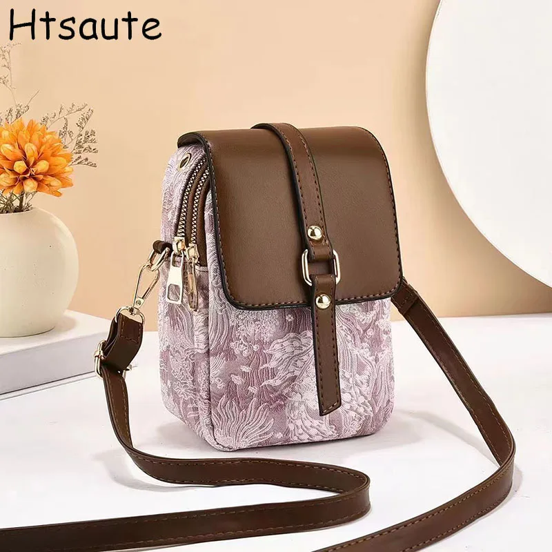 

Flower Printed Mini Handbags for women messenger bags PU leather vertical phone holder personality design earphone bolsos mujer