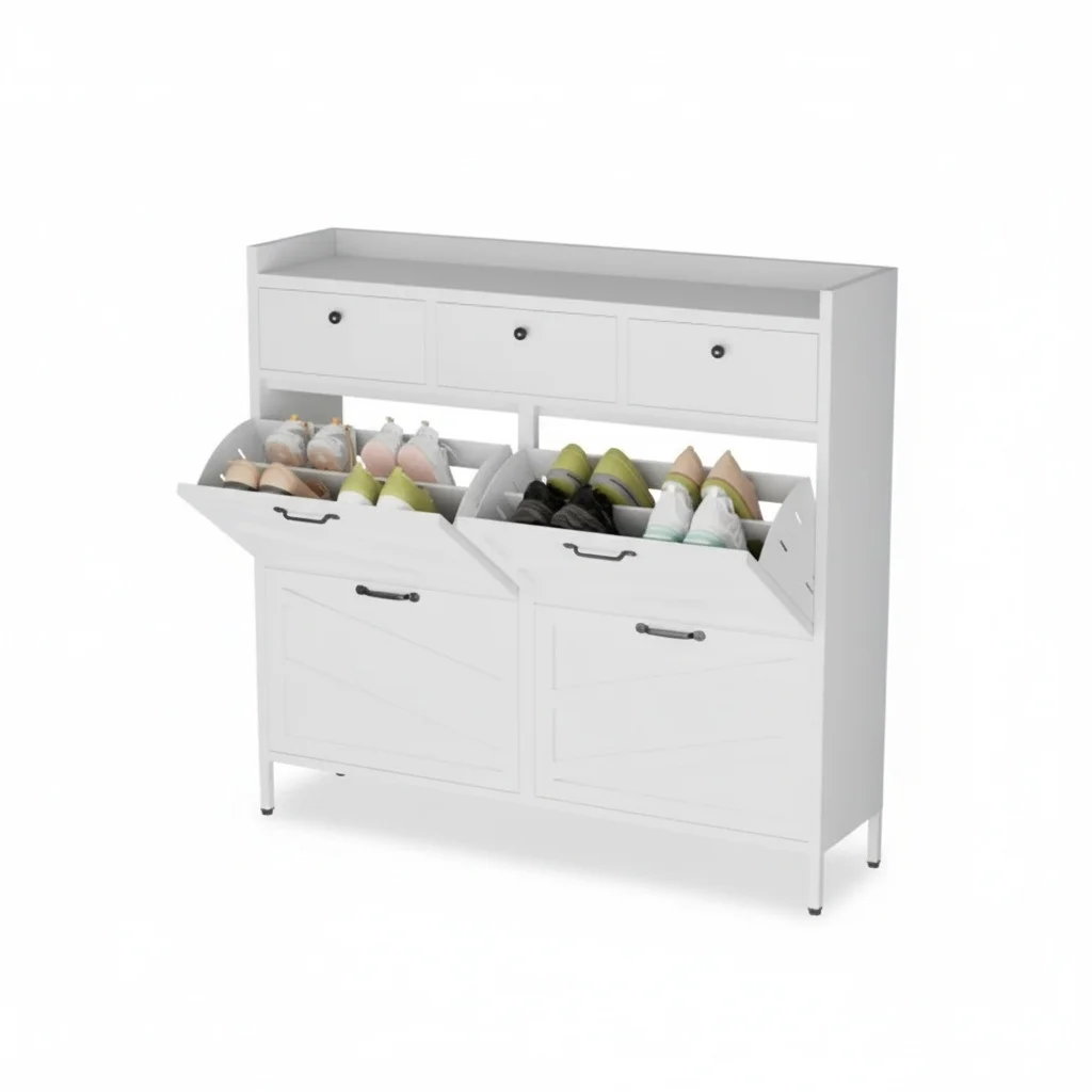 

Белый металлический шкаф для обуви с 4 откидными ящиками, 3 верхними выдвижными ящиками, узкая отдельностоящая железная полка для обуви, современная обувница для прихожей