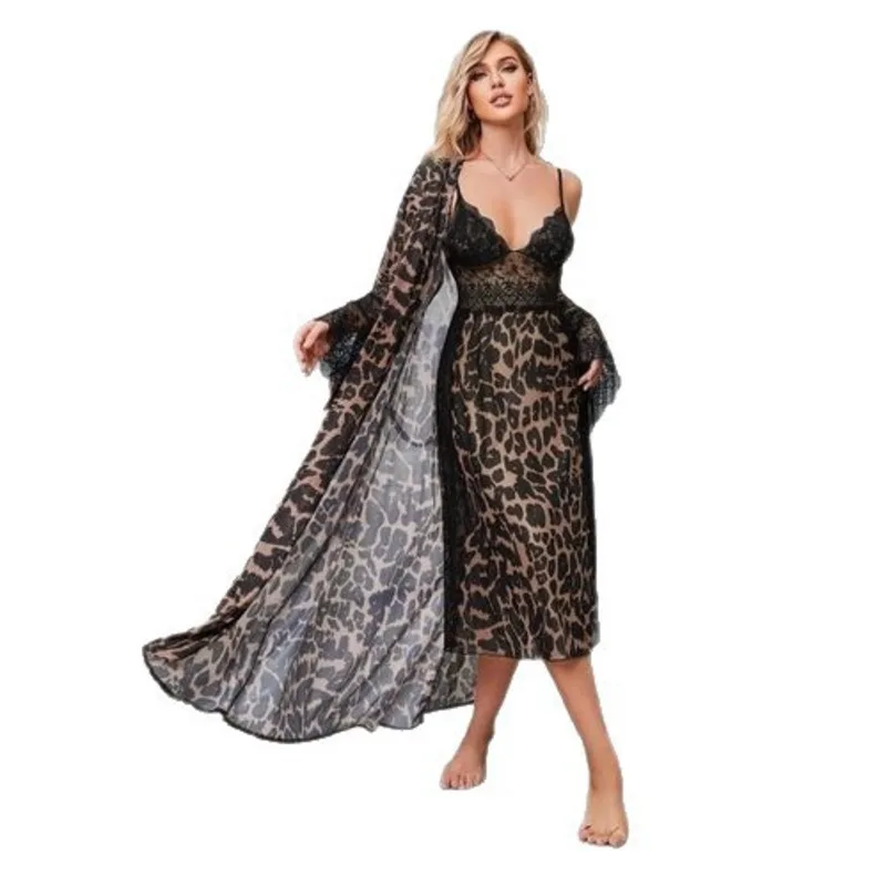 

New Leopard Print Women's Two-piece Pajama Set With Chest Pads Camisole Robe Lace Sexy Silk Pajamas Home Wear J2F5