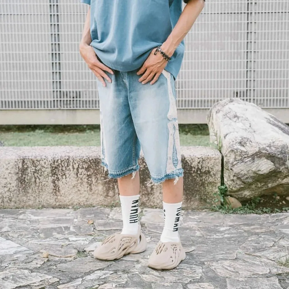 

Kapital Japanese Style Vintage Pinted Bone Loose Straight Denim Shorts for Men