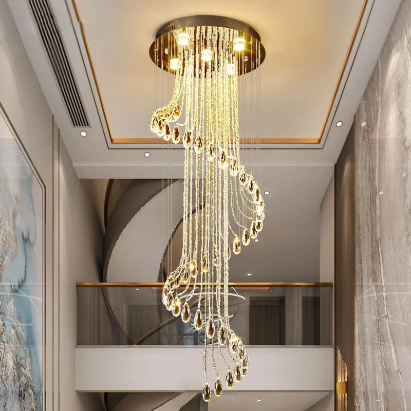 Duplex Building Crystal Staircase Pendant  Rotating Living Room Long Pendant Lamp Villa High End Crystal Staircase Lamp