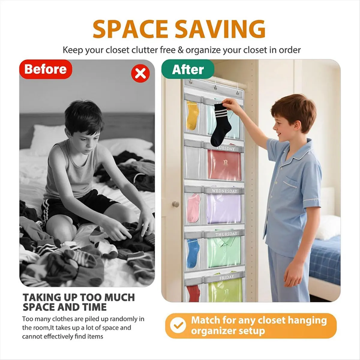 2026 + Weekly Kid Clothes Organizer, Day of Week Kid Clothes Organizer for Monday to Friday, Hanging Closet Shelves
