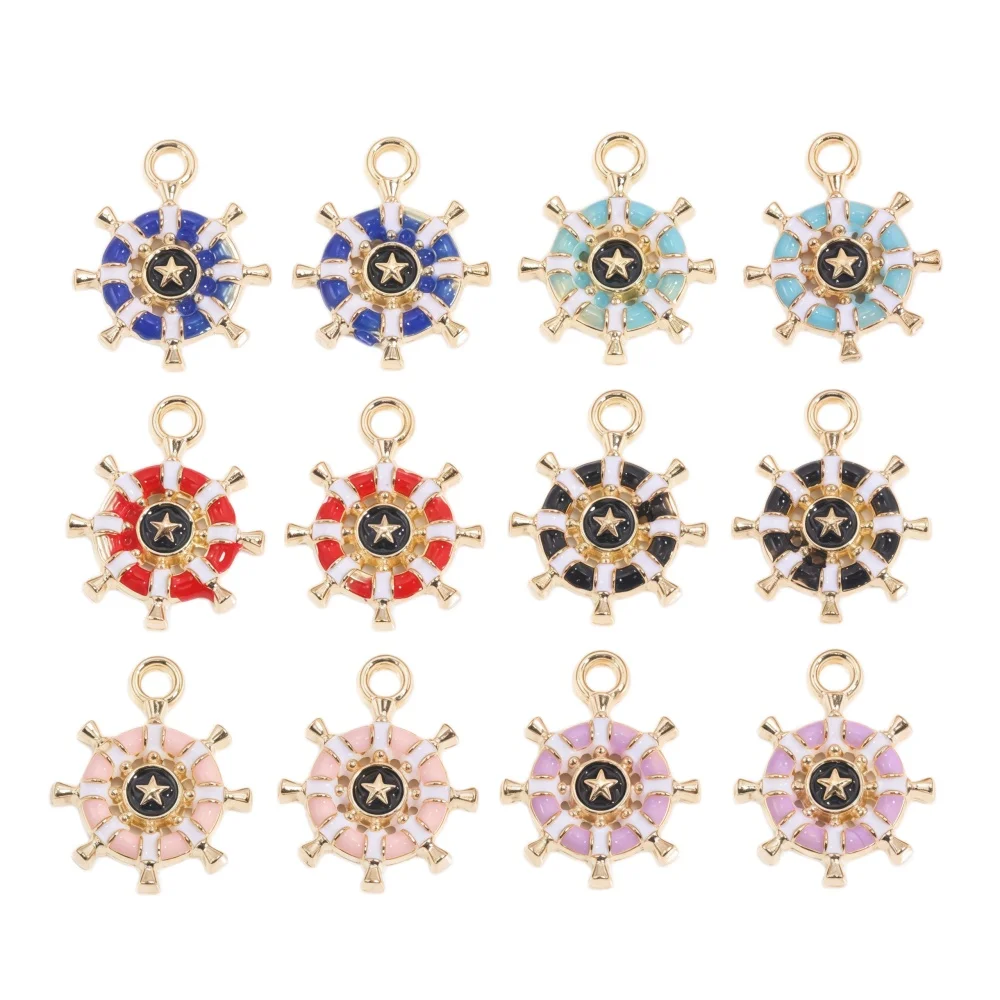 15Pcs Nautical Steering Wheel Enamel Charms Gold Ship Rudder Pendants with Star for DIY Jewelry Making Necklace Bracelet Craft