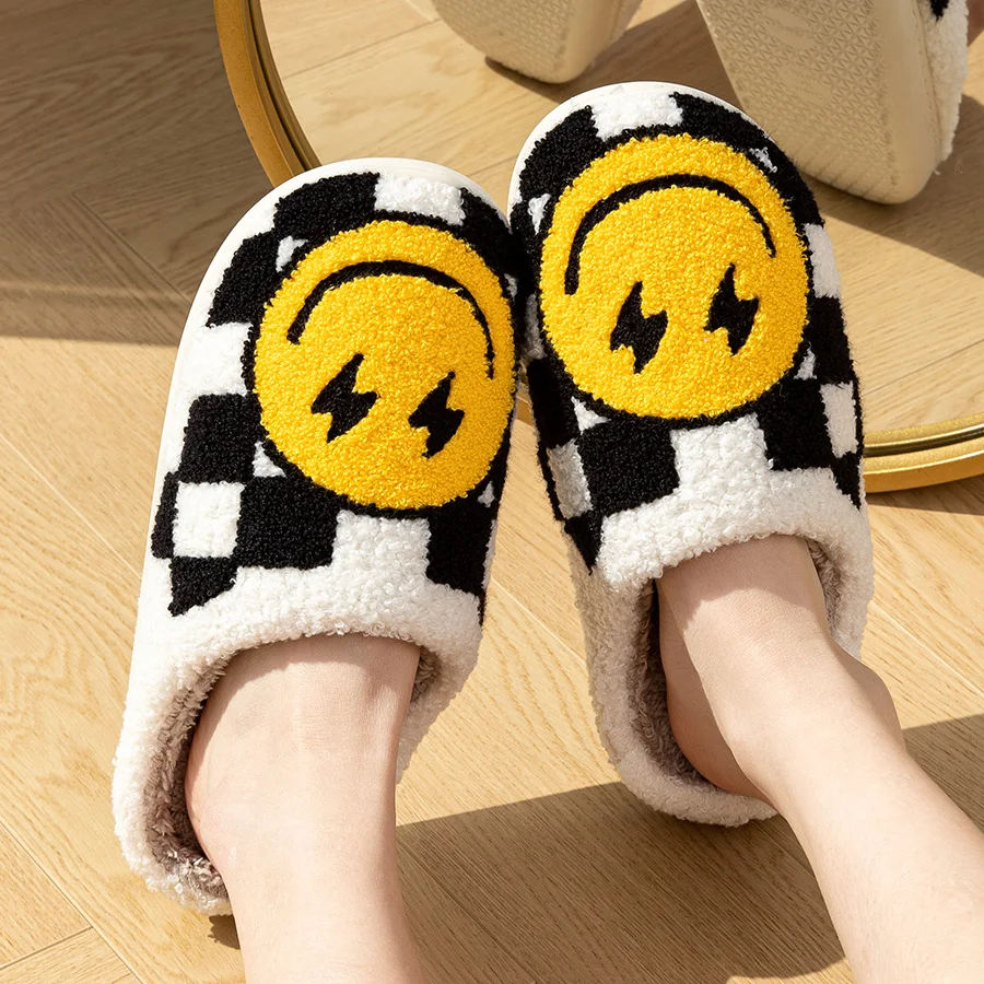 Big Smiling Face Women Home Slippers Warm Cartoon Checkerboard Grid Soft Sole Men Bedroom Non-slip Comfy Plush Shoes Winter