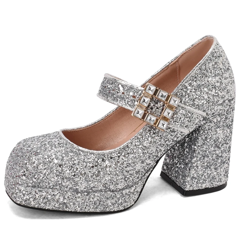 Women's Block High Heels Mary Jane Shoes Big Size 45 Fashion Square toe Luxury Gold Black Heeled Wedding Dress Dance Shoes Lady view 5
