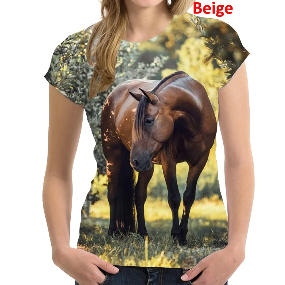 Women Clothing Horse Printed Casual T-shirt Short Sleeve Tops T-shirt Ladies Round Neck Blouse Tops