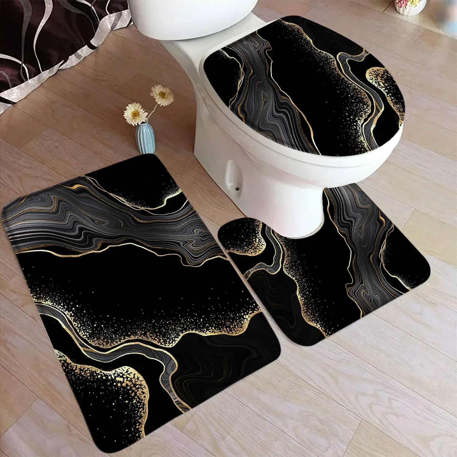 Abstract Blue Marble Bath Mat Set Geometric Ink Art Modern Home Carpet Flannel Bathroom Decorative Floor Rugs Toilet Lid Cover