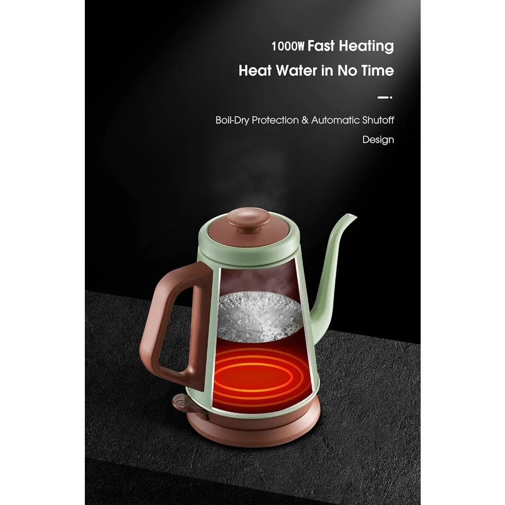 غلاية كهربائية معقوفة (1.0 لتر)، غلاية قهوة كلاسيكية خالية من مادة BPA مصنوعة من الفولاذ المقاوم للصدأ بنسبة 100% |   غلاية شاي - أخضر