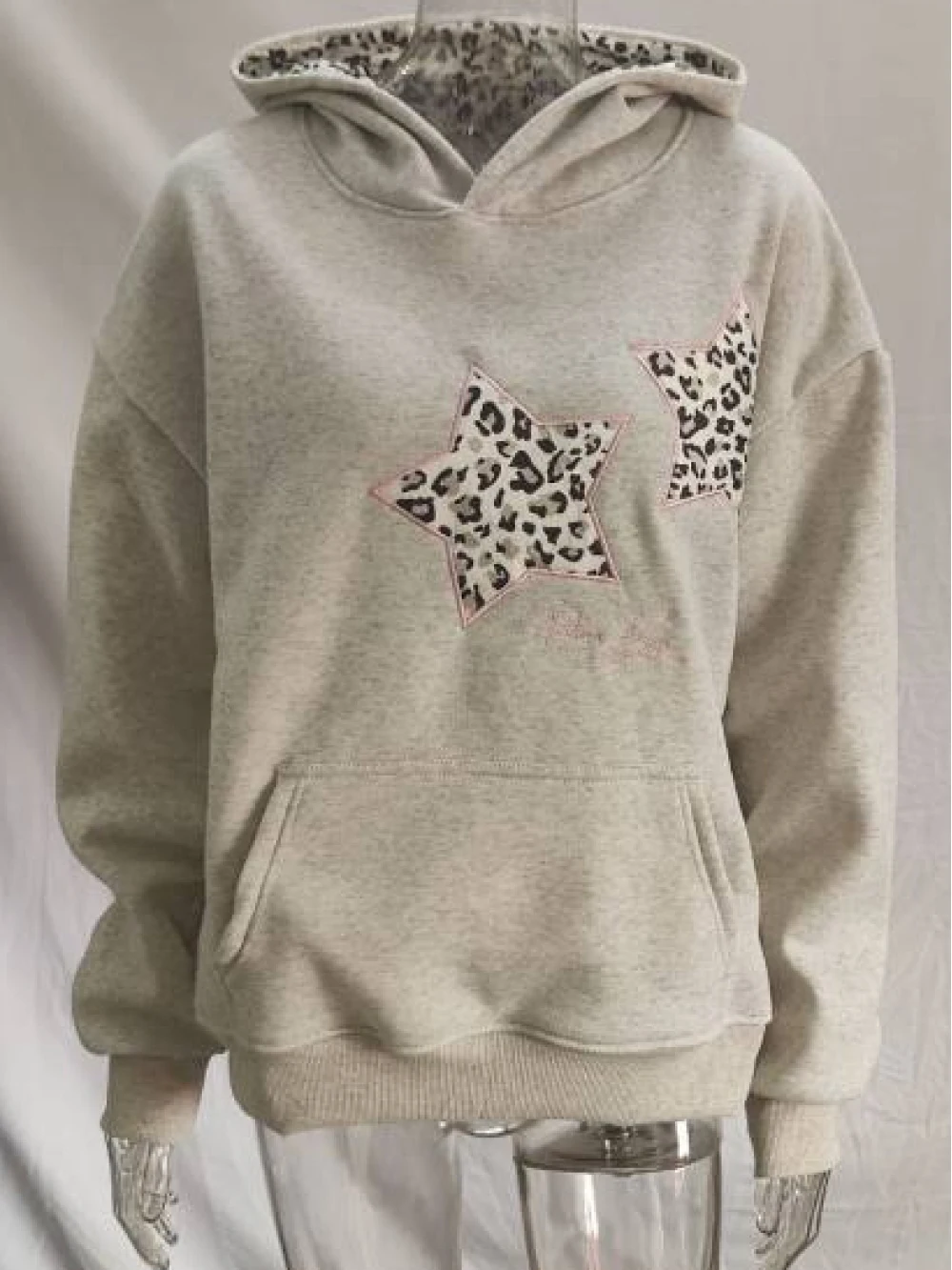 Europeu e americano minimalista cinza leopardo impressão pentagrama solto com capuz feminino versátil moletom