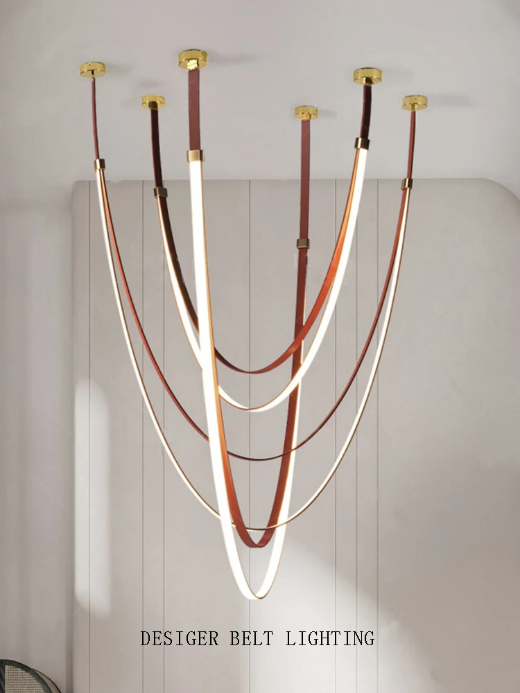 belt strap chandelier lights postmodern designer couro lustres home decor lampada suspensa para teto sala de estar 01