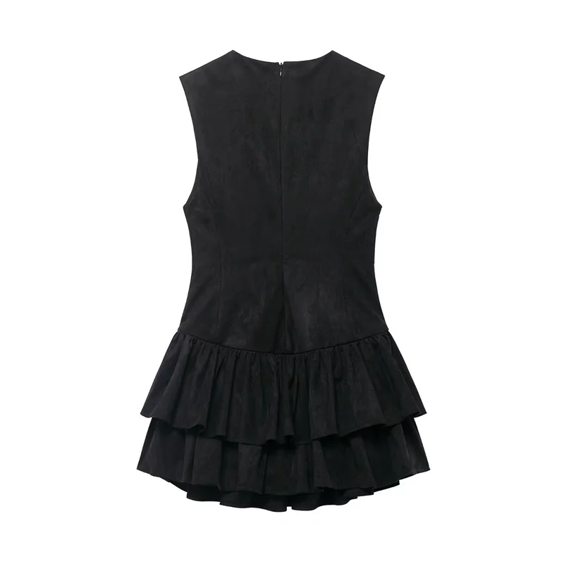 Vestido feminino 2025 outono novo estilo preto sem mangas camurça textura em camadas mini vestido exclusivo moda socialite